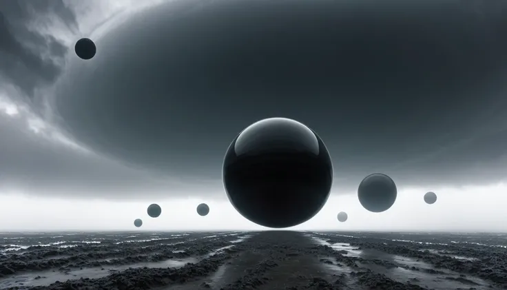 ON A STORMY GRAY DAY THE GIANT BLACK PLANETS ARE SEEN, R STYLE.h. GIGER VERY CLOSE, ALMOST TOUCHING. SHOWS GRAVITATIONAL FIELD ABSORBING AND RELEASING MATTER MUTUALLY, 4k image, ALTA RESOLUCIÓN E hÍPER REALISTA, FILM DAYLIGHTING, CLOUDY DAY WITH FOG
