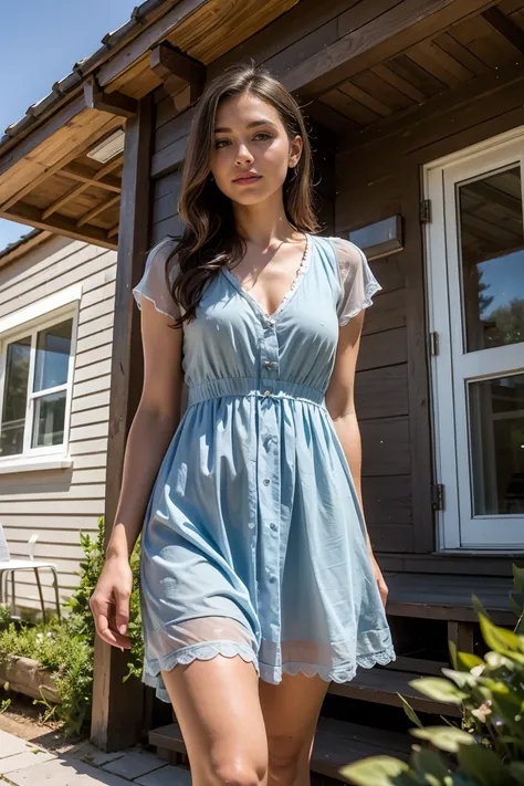 A beautiful woman with light delicately filtering through her hair, her summer dress is beautiful and shes standing in front of a cottage