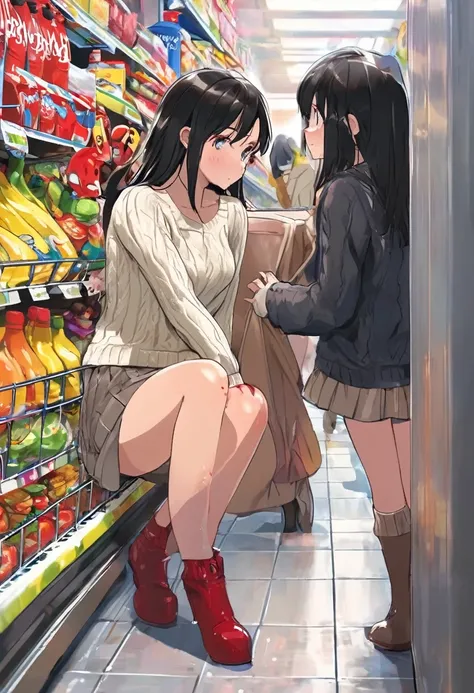 Beauty mother-in-law　Height difference　shopping　Supermarket　Black Hair　Straight long hair　hairpin　White knitted sweater　((Mother and kiddaughter have beautiful breasts)),　micromini skirt　squat, broken home, gang, (masterpiece), best quality, expressive eye...