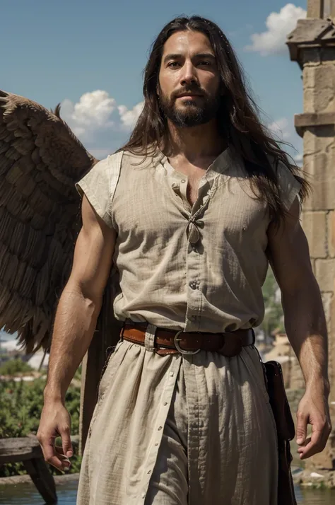 A beautiful ultra-thin realistic portrait of jesus, a prophet, man 35 years old Brunette, short brown hair, truly perfect eyes, long black beard, and, People々help , Wearing a sleeveless tunic, made of linen or wool, and tied with a belt, neutral color, suc...