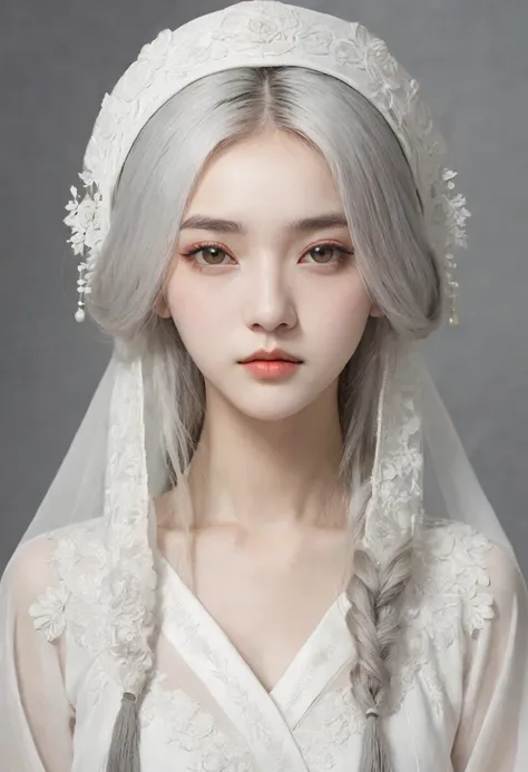 a veil on her head, Grey Veil, White hair, Off-white, Gouvesian art style, Arrogant and indifferent girl, Half squinted, White eyes球, White eyes, Ethnic style, Off-white