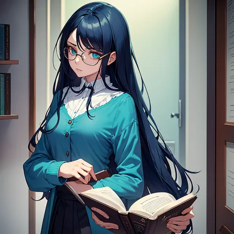 A girl with long dark blue hair with turquoise locks, She wears glasses and is pale, her eyes are dark blue, she dresses formally and is holding a book., She is 29 years old and looks quite serious while reading the book.