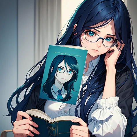 A girl with long dark blue hair with turquoise locks, She wears glasses and is pale, her eyes are dark blue, she dresses formally and is holding a book., She is 29 years old and looks quite serious while reading the book.