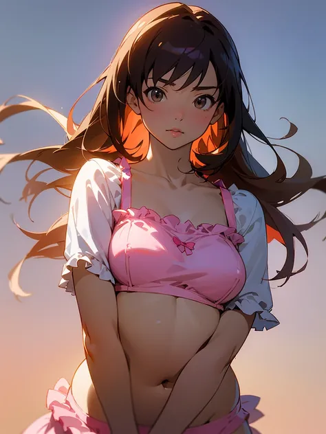 master piece, extremely detailed, high resolution,Makoto Shinkai style、high school girl、1 girl、Upper body only、Colorful and frilly bra、Cute pink panties、Glossy, plump lips、Shiny Hair、Brown Hair、Long Straight Hair、Mid-chest、Narrow waist、Girl&#39;s room view...