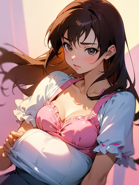 master piece, extremely detailed, high resolution,Makoto Shinkai style、high school girl、1 girl、Upper body only、Colorful and frilly bra、Cute pink panties、Glossy, plump lips、Shiny Hair、Brown Hair、Long Straight Hair、Mid-chest、Narrow waist、Girl&#39;s room view...