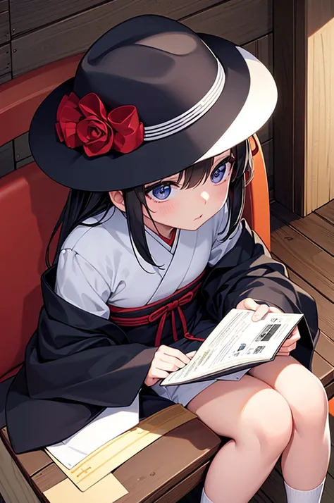 a close up of a person sitting on a chair with a hat on, remodernism, a stock photo, by Nagasawa Rosetsu, pixiv 3dcg, realistic , full art, japanese girl , japanese light novel cover