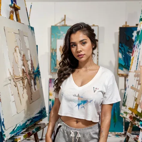 Instagram influencer, Latina female, 27 years old, athletic body, large breasts, tan skin, long wavy brown hair up in a bun, ((hazel eye color)). Wearing comfortable Heather gray sweat pants and a (((white v-neck t-shirt))). Standing at an easel, (((painti...