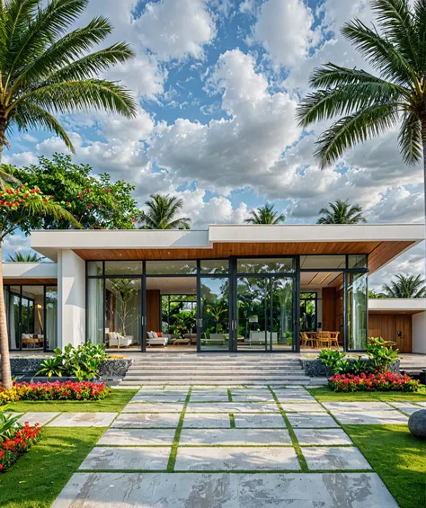 modern villa on street, (overcast lighting:1.2), tropical tree, vivid color, curve wall, streetcapes, nice sky, grey and wwhite ...