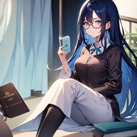 A girl with long dark blue hair with turquoise locks, She wears glasses and is pale, her eyes are dark blue, she dresses formally and is holding a book., She is 29 years old and looks quite serious while reading the book.