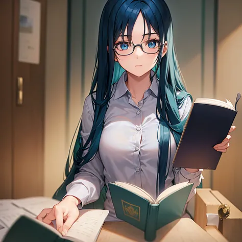 A girl with long dark blue hair with turquoise locks, She wears glasses and is pale, her eyes are dark blue, she dresses formally and is holding a book., She is 29 years old and looks quite serious while reading the book.