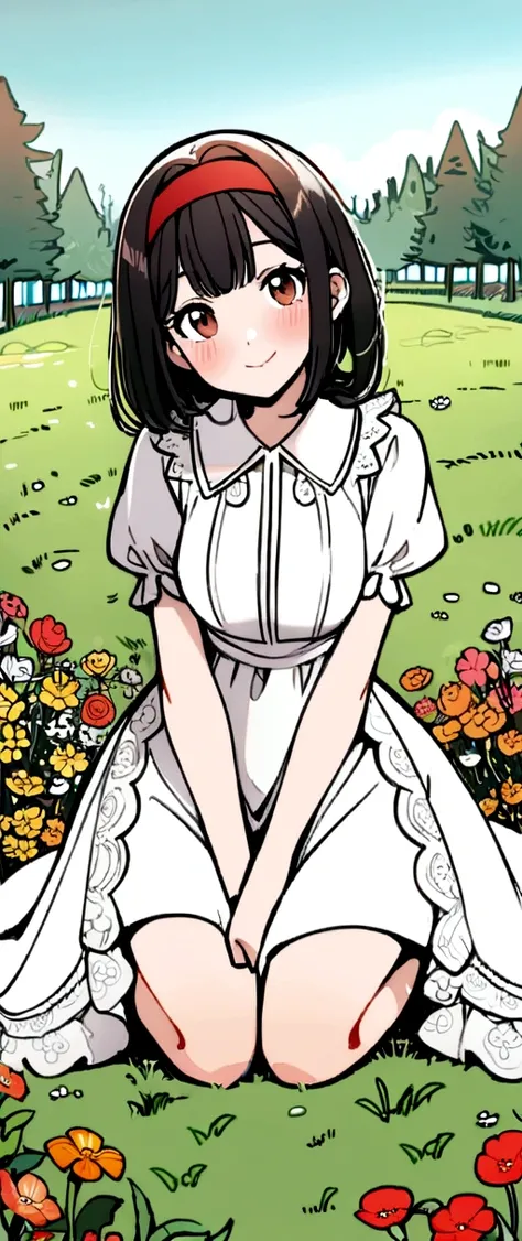 1girl,  smile, head tilt, blush, (dress, puffy sleeves), full body, brown eyes, kneeling, black hair, red hairband, looking at viewer, flowers, meadow, tree, Para colorir,black and white 