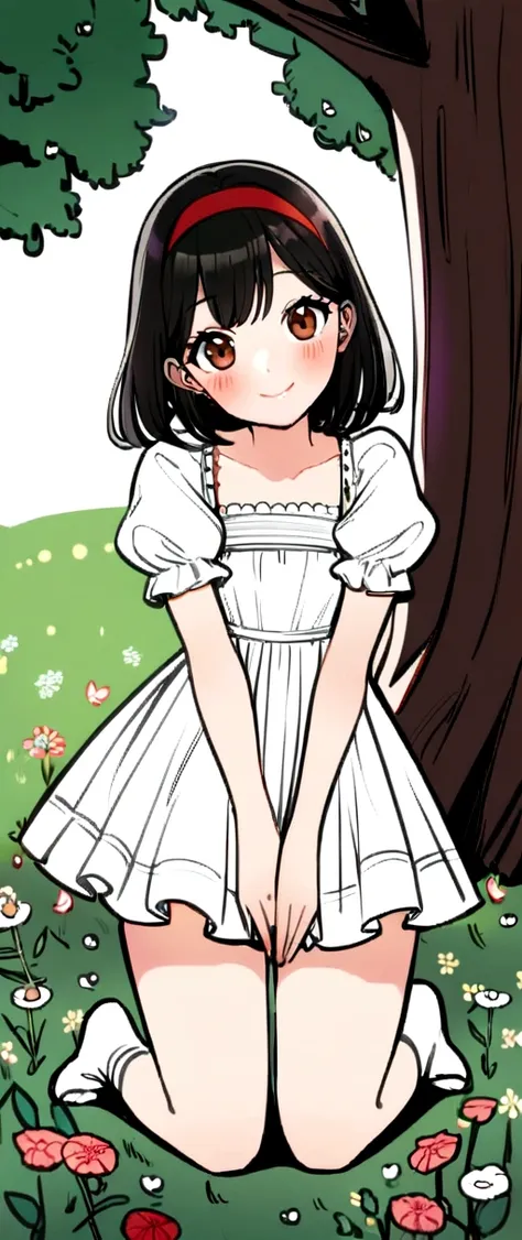 1girl,  smile, head tilt, blush, (dress, puffy sleeves), full body, brown eyes, kneeling, black hair, red hairband, looking at viewer, flowers, meadow, tree, Para colorir,black and white 