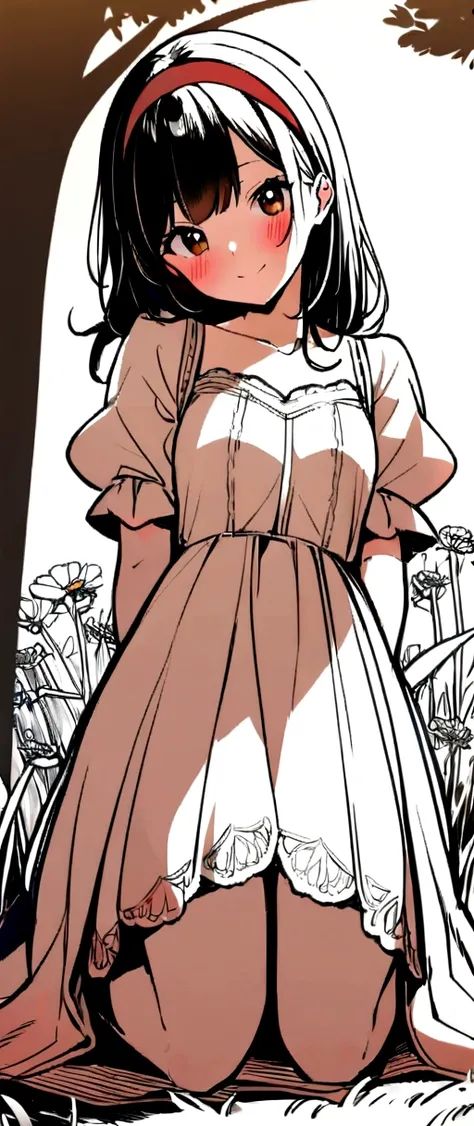 1girl,  smile, head tilt, blush, (dress, puffy sleeves), full body, brown eyes, kneeling, black hair, red hairband, looking at viewer, flowers, meadow, tree,for coloring, black and white 