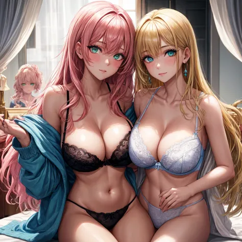 , (2girls:1.3), couple, blonde hair, pink hair, solo, long hair, one green eye, one blue eye, mascara, makeup, looking at viewer, collarbone, cleavage, detailed eyes, (close up), gleaming skin, shiny glossy skin, big round breasts, big breasts, white bra 