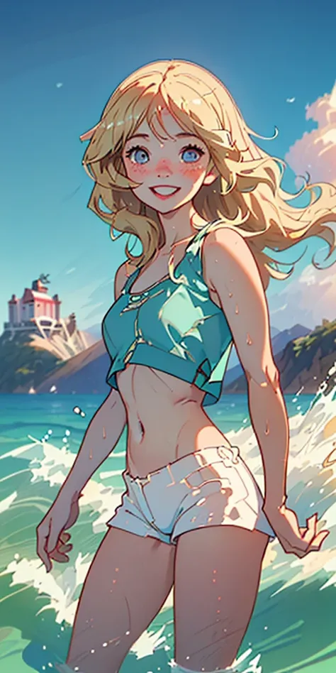 (best quality, masterpiece), 1girl, nude, smile, laughing, ocean, crop top, shorts, blonde, freckles, blush, looking at viewer, wavy hair, cloud, splashing, waves, sun, mountain, wet