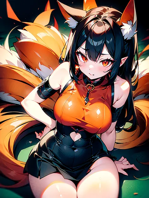 ((Masterpiece)), 4K, high resolution, best quality, ((2girls)),demon girl hugging fox girl, And, Kitsune girl, kitsune orange girl, kitsune long hair, kitsune orange eyes, latex bodysuit, femfatale, (big breast), [ninja girl], fox girl, sexy art, AND, Demo...