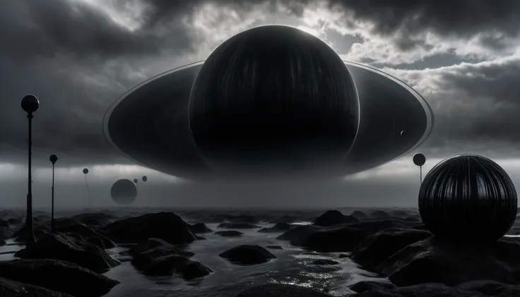 ON A STORMY GRAY DAY THE GIANT BLACK PLANETS ARE SEEN, R STYLE.h. GIGER VERY CLOSE, ALMOST TOUCHING. SHOWS GRAVITATIONAL FIELD ABSORBING AND RELEASING MATTER MUTUALLY, 4k image, ALTA RESOLUCIÓN E hÍPER REALISTA, FILM DAYLIGHTING, CLOUDY DAY WITH FOG
