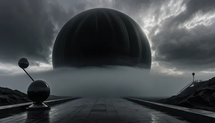 ON A STORMY GRAY DAY THE GIANT BLACK PLANETS ARE SEEN, R STYLE.h. GIGER VERY CLOSE, ALMOST TOUCHING. SHOWS GRAVITATIONAL FIELD ABSORBING AND RELEASING MATTER MUTUALLY, 4k image, ALTA RESOLUCIÓN E hÍPER REALISTA, FILM DAYLIGHTING, CLOUDY DAY WITH FOG
