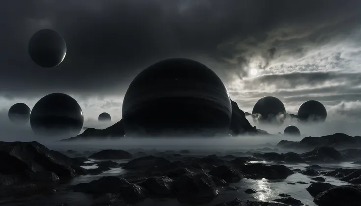 ON A STORMY GRAY DAY THE GIANT BLACK PLANETS ARE SEEN, R STYLE.h. GIGER VERY CLOSE, ALMOST TOUCHING. SHOWS GRAVITATIONAL FIELD ABSORBING AND RELEASING MATTER MUTUALLY, 4k image, ALTA RESOLUCIÓN E hÍPER REALISTA, FILM DAYLIGHTING, CLOUDY DAY WITH FOG
