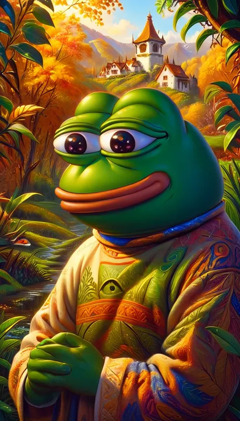 a pepe frog with friendly expression,pepe frog character,cute frog mascot,cartoon style,vibrant colors,detailed intricate design...