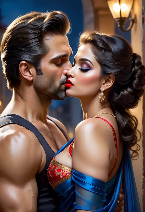 (seductive) a close up of a man kissing a girl in a sleeveless saree, man isnt wearing shirt, ((red lips, bright eyes, curve heir 1.5)), ((beautiful details very big breast )), (Straight round and ultra huge clevage, not sagging breast), A glorious gorgeou...