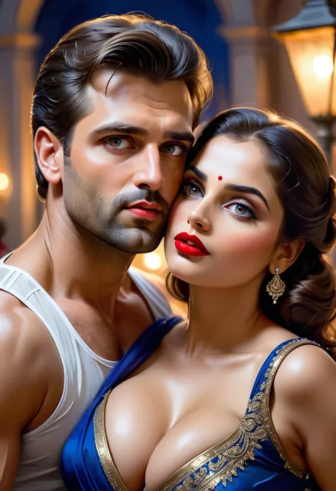 (seductive) a close up of a man kissing a girl in a sleeveless saree, man isnt wearing shirt, ((red lips, bright eyes, curve heir 1.5)), ((beautiful details very big breast )), (Straight round and ultra huge clevage, not sagging breast), A glorious gorgeou...