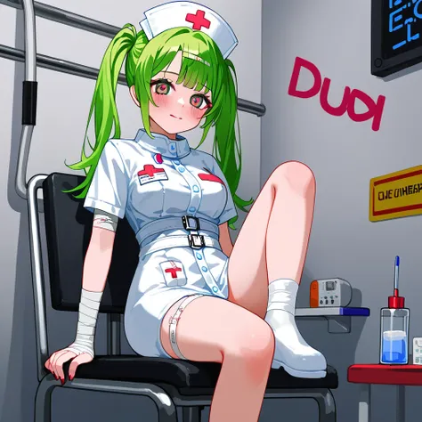 create an anime-style illustration featuring a mischievous nurse with mint green hair in pigtails, wearing a white nurse cap wit...