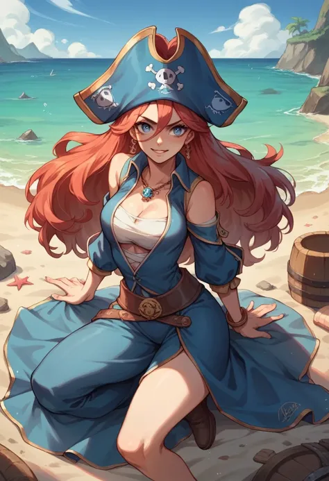 An adult pirate anime girl with a blue pirate hat, blue eyes, red and long hair, blue pirate clothes and on the beach of an island.