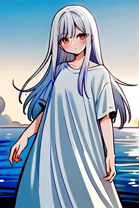 One woman. Oversized t-shirt, oversized pants, white hair. Long hair