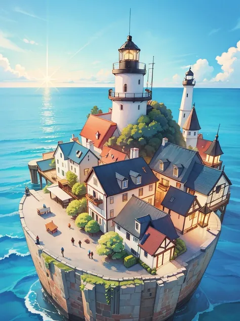 ocean fantasy, watercolor illustration, whimsical, warm colors, village, houses, huge lighthouse, ((masterpiece)), highly detailed environment