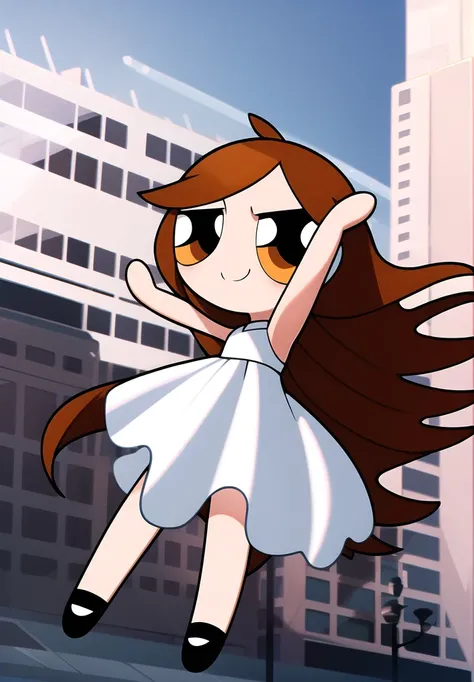 ((( brown long hair,))) smile, chibi, full body,1girl, brown eyes, white blue dress, school background