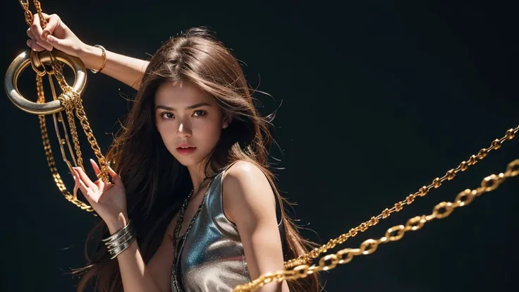 A girl with brown hair is shown breaking chains that were holding her back, symbolizing freedom and strength. The chains are shattered and flying in the air, with determined look on her face.
Colors: Dark background with metallic silver chains, and subtle ...