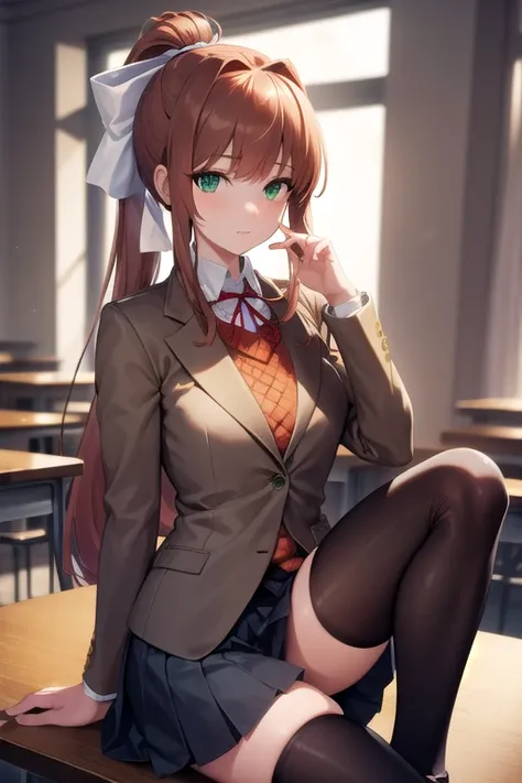 ddlcmonika, ddlcmonika, blunt bangs, brown hair, (green eyes:1.5), long hair, ponytail, ribbon, white ribbon, hair ribbon, sidelocks,
BREAK black thighhighs, blue skirt, brown jacket, jacket, long sleeves, mary janes, over-kneehighs, pleated skirt, , shoes...