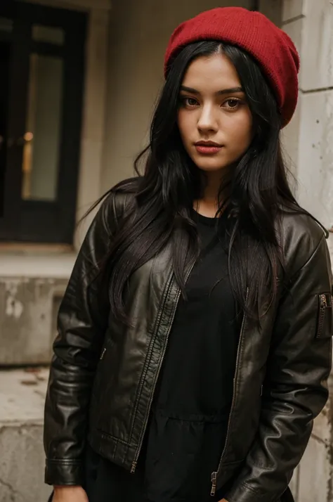 Girl wearing a red hat, long black hair, black clothes, wearing a olive leather jacket