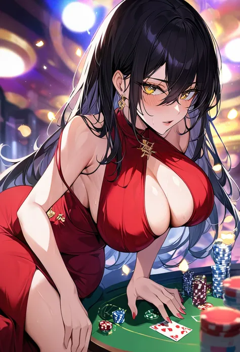 Adult female, busty, hourglass figure, sexy red dress, messy and long black hair, golden yellow irises, defined black pupils, passionate, blushing, seductive, casino, poker table, playing poker, sitting, well defined, perfect definition, high quality, perf...