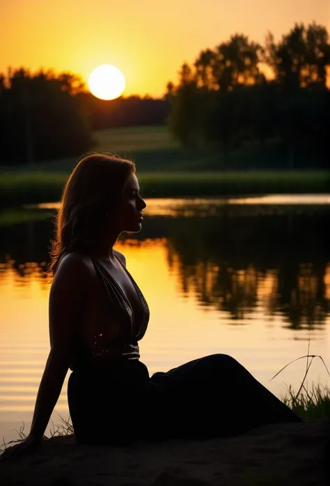 realistic photo, evening pond, peace and quiet, dark silhouette of a beautiful woman sitting on the shore against the background of the setting sun, reflections on the water, beautiful colors, dark shadows, low angle shot, close-up, raw photo