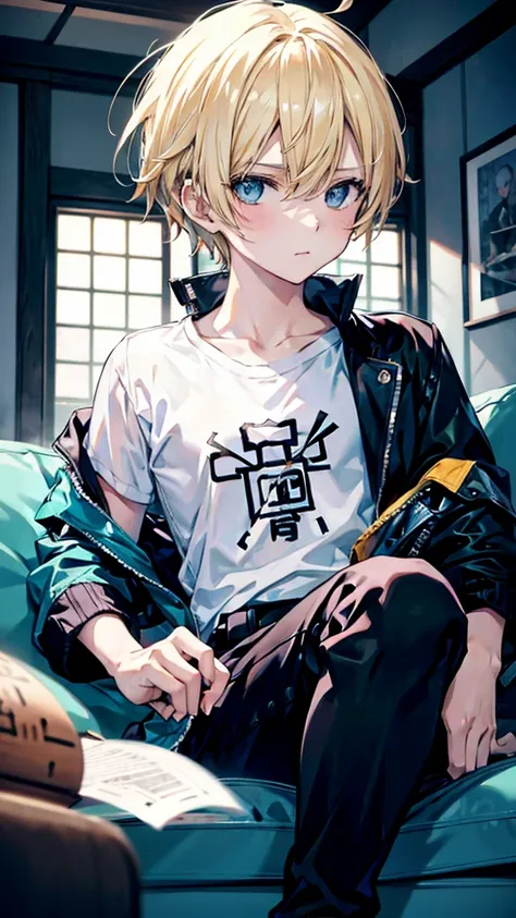 profile background, anime boy, serious face, blond hair, cyan eyes, detailed eyes and face, white shirt with a kanji in the middle, sitting on the sofa, in the living room, high-res portrait, character, fantasy, 4K, high resolution