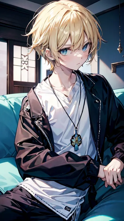 profile background, anime boy, serious face, blond hair, cyan eyes, detailed eyes and face, white shirt with a kanji in the middle, sitting on the sofa, in the living room, high-res portrait, character, fantasy, 4K, high resolution