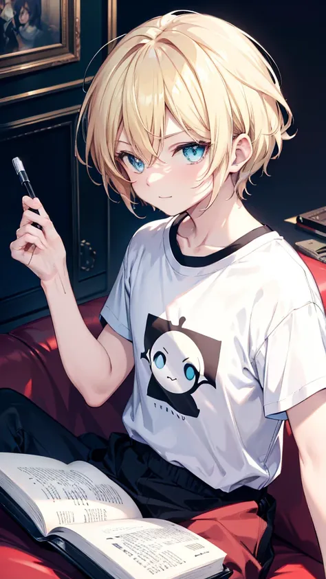 profile background, anime boy, slightly cheerful face, blond hair, cyan eyes, detailed eyes and face, white t-shirt with a black book in the fabric print, sitting on the sofa, in the living room, high-res portrait, character, fantasy, 4K, high resolution