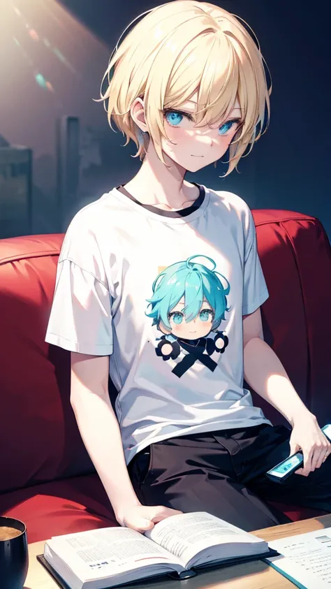 profile background, anime boy, slightly cheerful face, blond hair, cyan eyes, detailed eyes and face, white t-shirt with a black book in the fabric print, sitting on the sofa, in the living room, high-res portrait, character, fantasy, 4K, high resolution