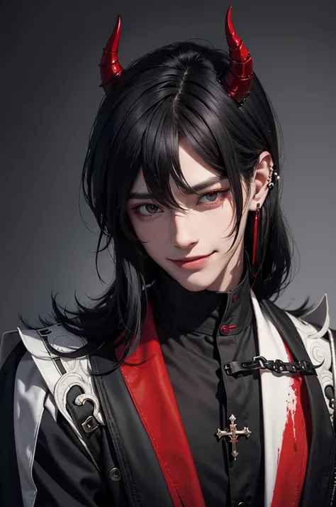 handsome man, mid-length black hair, mullet cut. horns on head, demon, black schoolboy-style clothing, black eyes, red liquid, blood, smile, smirk, cross earring, piercing.