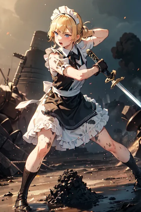 (((Highest quality))), ((masterpiece)), (((detailed))), (((Attention to detail))), One girl, cute, Blonde, Blue Eyes, Small breasts, ((Black maid outfit, White apron, Headband, The skirt is long)), (((A girl in a maid outfit is fighting with a large sword)...