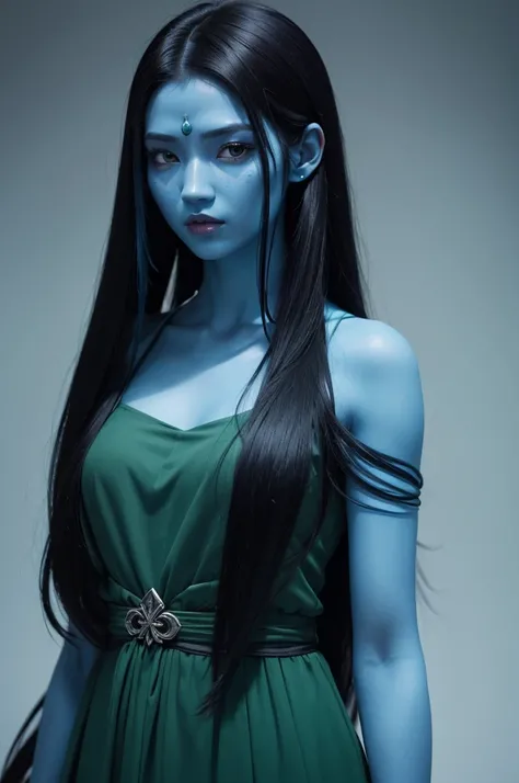 An avatar with long black hair, blue skin and a long green dress