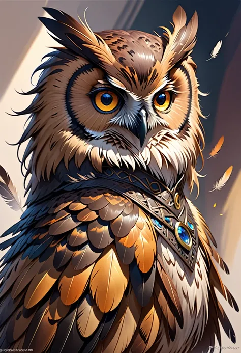 Creating a half-owl hybrid  ，Has the characteristics and feathers of an owl，For DND RPG with owl feathers and owl eyes、girl