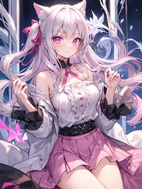 Highly detailed face,fine grain,Sparkling eyes,Highlighted eyes,Medium chest,pretty girl, bewitching smile,Longing eyes,Cat ear, Beautiful silver hair,Pink inside,Beautiful pink eyes,Oversized shirt,skirt