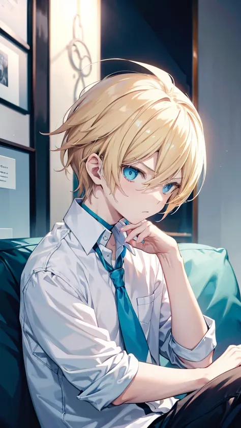 profile background, anime boy, serious face, defined body, blond hair, cyan eyes, detailed eyes and face, white shirt with a kan...