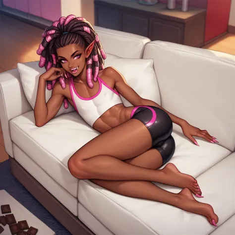 Best quality, highly detailed, ultra detailed, 1 very Dark brown skin boy, chocolate skin, flat chest, male chest, curvy body, long pink dreadlocks, pink dreadlocks, pink eyes, pointy ears on sides, fangs, sharp nails,  lipgloss, wearing white croptop, bik...