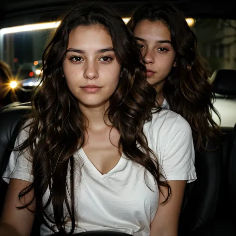 1 woman,22 years old , wavy hair, dark brown eyes, in a car at night with a flash