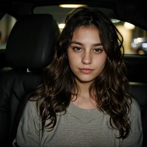 1 woman,22 years old , wavy hair, dark brown eyes, in a car at night with a flash