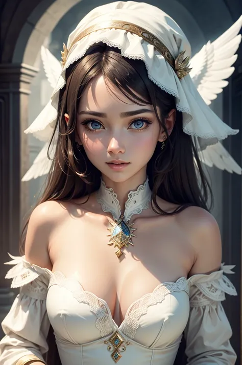 best quality, 8k, very delicate and beautiful, highly detailed face and skin texture, shiny skin, high resolution, sexy girl in white dress with white wing, heaven, divine glory, angel, blessing, sharp focus